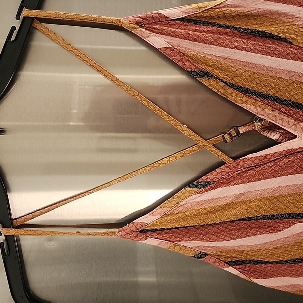 🥳 Roxy Women's Babydoll Dress - Orange/Brown  Beachy Striped Halter Babydoll XL - Picture 3 of 11
